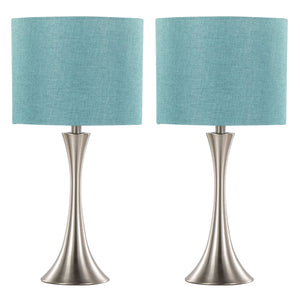 English Elm 24" Brushed Nickel Hourglass Table Lamp Set Turquoise Linen Shade Bedroom Pair B202P224071