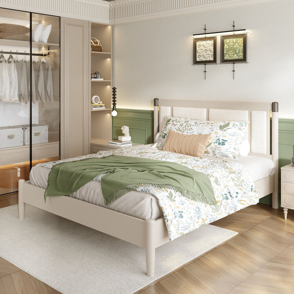 English Elm Solid Pine Queen Bed Industrial Upholstered Headboard with Iron Handles 500 Lb Frame Grey,Light Grey N770PQ361408E