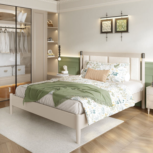 English Elm Solid Pine Queen Bed Industrial Upholstered Headboard with Iron Handles 500 Lb Frame Grey,Light Grey N770PQ361408E