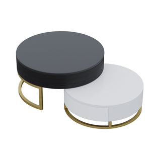 English Elm Dolce Round Lift-Top Wood Coffee Table with Convertible Heights and Sturdy Iron Frame, Modern Chic Black White B341S00041