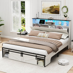 English Elm Farmhouse Queen Size Bed Frame With Integrated Storage, Usb Charging, Rgb Led Lights & Charming White Finish W1550P343690