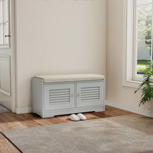 English Elm 28.74"shoe Storage Bench with Louvered Cabinet Cushioned Seat for Entryway Hallway W2948P353902