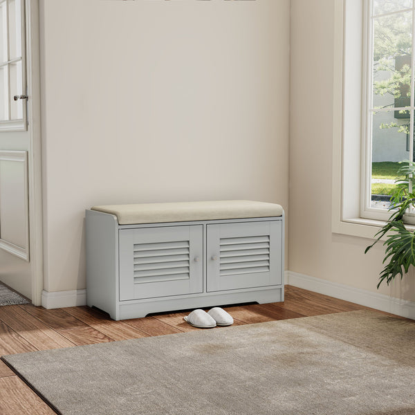 English Elm 28.74"shoe Storage Bench with Louvered Cabinet Cushioned Seat for Entryway Hallway W2948P353902