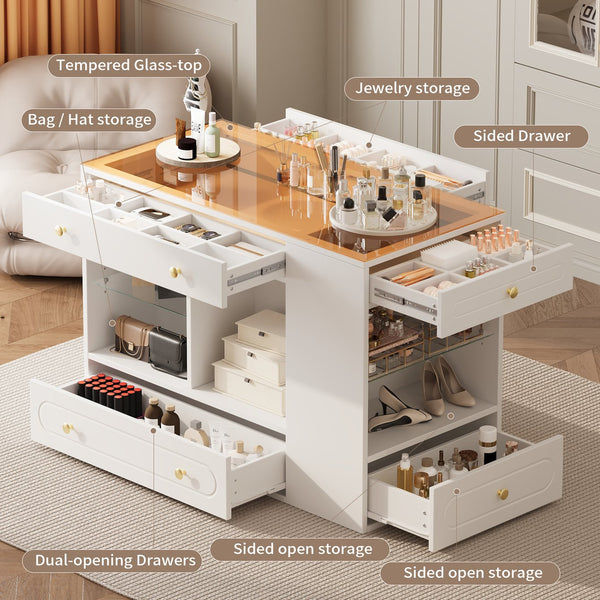 English Elm Closet Elegant walk-in island with glass display top, 6 drawers and open shelves for organized storage White 39.76 L x 17.32 W x 12.2 H N733S304513K