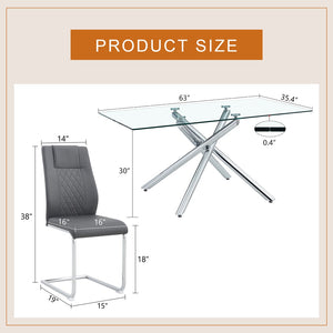 English Elm Table - Modern Luxurious Transparent Glass Dining Set With 6 Dark Gray Pu Chairs & Silver Legs W1151S04130-GIGA