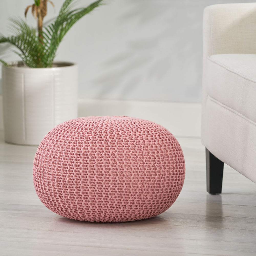 English Elm Christopher Knight Home® - KNITED Pouf Pink Cotton Knit Ottoman with Bead Filling, Modern Round Accent Seat for Cozy Contemporary Rooms 62653.00PNK