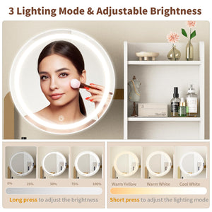 English Elm Small Bedroom Vanity Desk with Led Mirror Cushioned Stool Power Outlet and Storage White+Gold W3587P462322