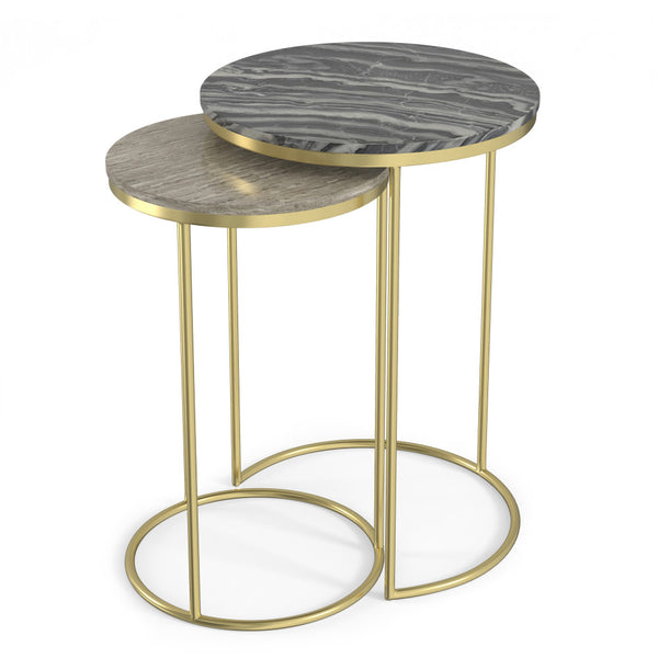 English Elm Ashley Gold Marble 2-Piece Nesting Tables Set — Handcrafted Iron Base, Dual Grey & Natural Tops, End/Side B136P203465