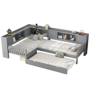 English Elm L-shaped Twin Platform Bed with Trundle, Solid Wood Corner Sleeper with Drawers, Shelves, No Box Spring Needed Grey W1580S00260