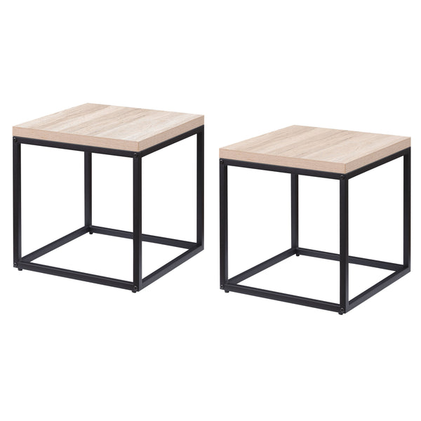 English Elm End Tables Set of 2 Two-tier Oak and Steel Cube Nightstands for Bedroom or Living Room W3151P345713