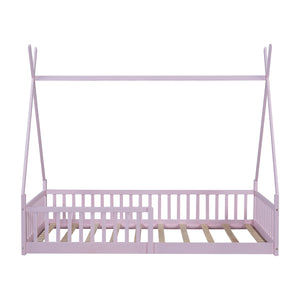 English Elm Twin House Bed with Roof and Fence for Kids – Sturdy Pine Frame, Vintage Wash Design, Safe Sleep Space Pink N709P183348H