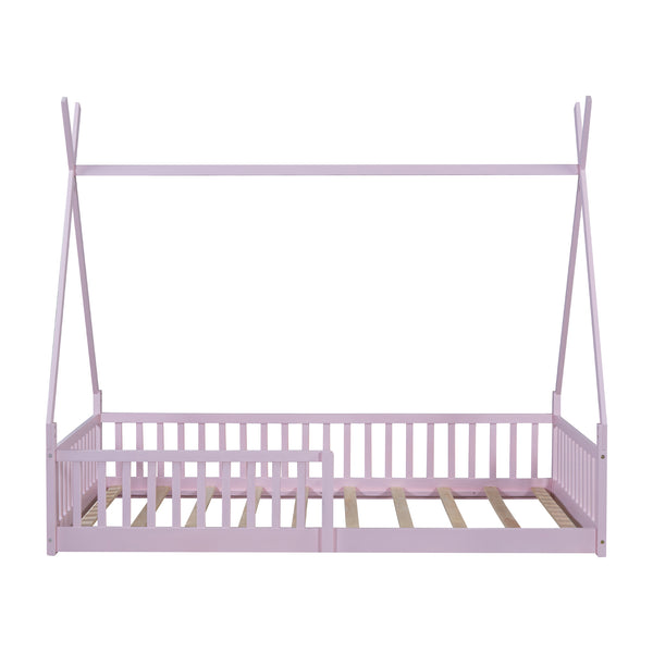 English Elm Twin House Bed with Roof and Fence for Kids – Sturdy Pine Frame, Vintage Wash Design, Safe Sleep Space Pink N709P183348H