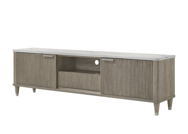 English Elm 1pc Mid-century Media Console Faux Marble Surface Ribbed Cabinet Tapered Legs 79in Driftwood,White B2741P483127