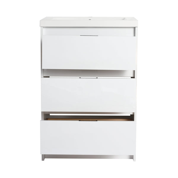 English Elm 24" Freestanding Bathroom Vanity with White Resin Sink, Soft-Close Doors, Adjustable Shelf, Durable Plywood Finish Glossy White W999S00384