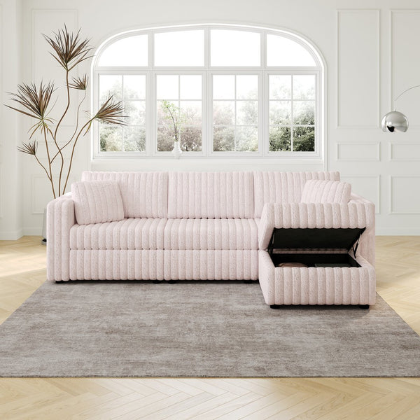 English Elm 106.3" Elegant Light Pink 3-Person Sofa With Hydraulic Ottoman – Modern Comfort & Smart Storage Solutions W1767S00019