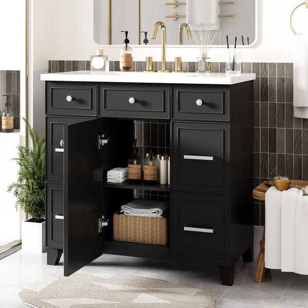 English Elm 36" Matte Black Shaker Vanity with Resin Sink Solid Wood 3 Drawer Soft Close SV000003AAB