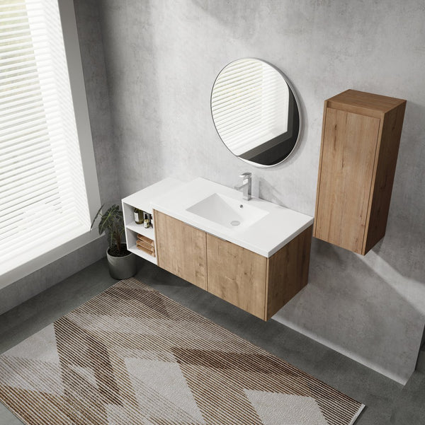 English Elm 48" Wall-Mounted Bathroom Vanity Set With Sink & Side Cabinet - Modern Storage Solution For Small Spaces W999S00235