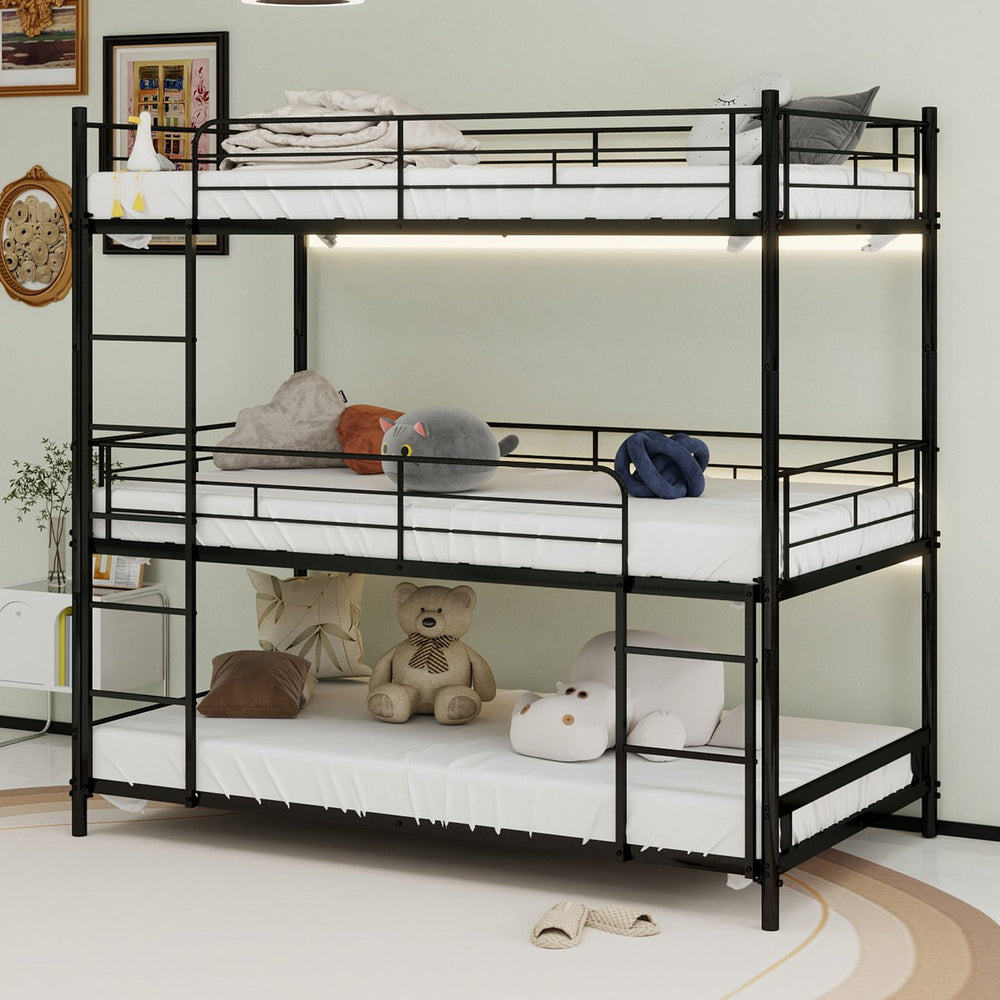 English Elm Heavy-duty triple bunk bed frame with built-in ladder, full guardrails, metal slats, space-saving design Black W1935P330699