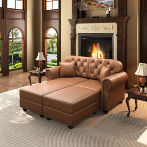 English Elm 63"upholstered Faux Leather Loveseat Mid-century Chesterfield Tufted Nailhead Sofa Set Brown W1885S00427