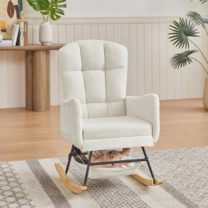 English Elm Beige Plush Teddy Fabric Rocking Chair High Back Armchair for Nursery or Reading Nook Beige W3985P386790