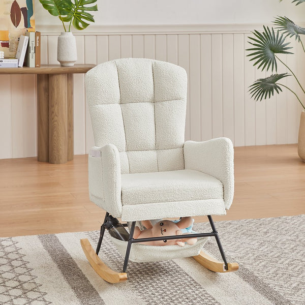 English Elm Beige Plush Teddy Fabric Rocking Chair High Back Armchair for Nursery or Reading Nook Beige W3985P386790