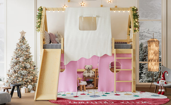 English Elm Twin Pine Loft Bed with House Frame Tent Led Lights Slide and Floor Space Below W1580S00289