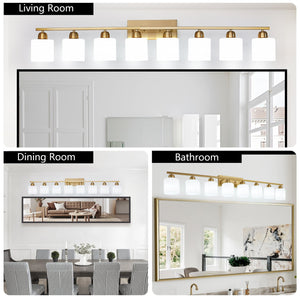 English Elm 52inch Gold Modern Vanity Light Bar with Milky White Glass Shades, 8-Light E26 Wall Sconce for Bath Dressing Room W2312P374859