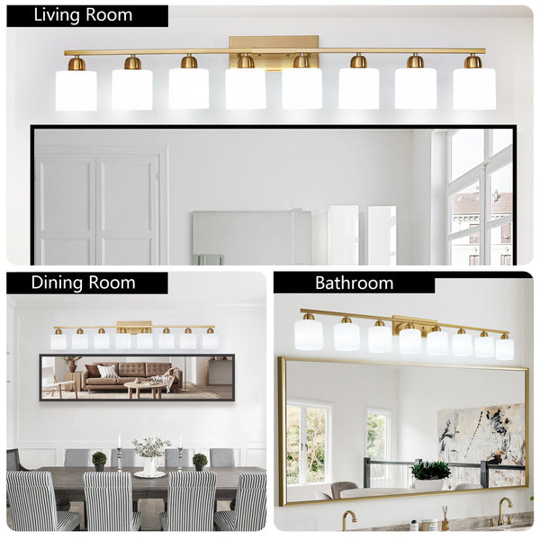 English Elm 52inch Gold Modern Vanity Light Bar with Milky White Glass Shades, 8-Light E26 Wall Sconce for Bath Dressing Room W2312P374859