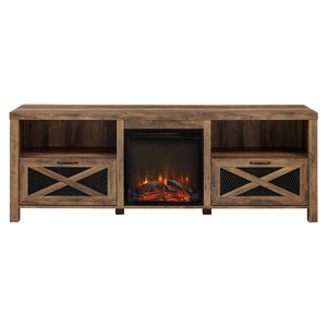 English Elm Walker Edison - Industrial Farmhouse Metal Mesh Drop-Down X-Door 70" Fireplace Tv Stand For 80" Tvs - Rustic Oak