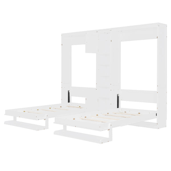 English Elm Dual Twin Murphy Beds with Built-In Cabinets & Shelves for Space-Saving Guest Rooms and Studios White N820S00058K