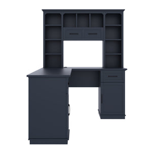 English Elm L-Shaped Corner Desk with 3 Cabinets, 2 Drawers & 11 Shelves, Built-In Power Outlet for Home Office Antique Blue W1580S00190