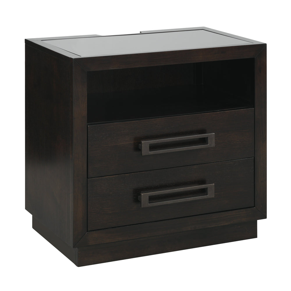 English Elm Modern Larchmont Nightstand with LED Undershelf Light, Glass Top, USB Power Strip, Charcoal Finish B011P201586