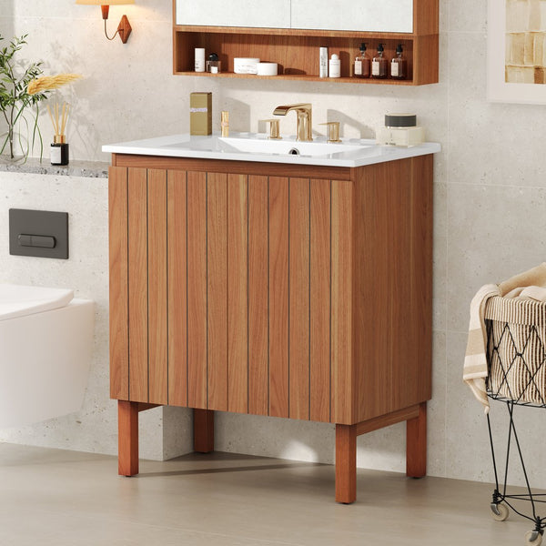 English Elm Christopher Knight Home® - 30" Modern Bathroom Vanity with Ceramic Sink, Natural Wood Grain, 45° Handle, Soft-Close, Ample Storage N817P245325N
