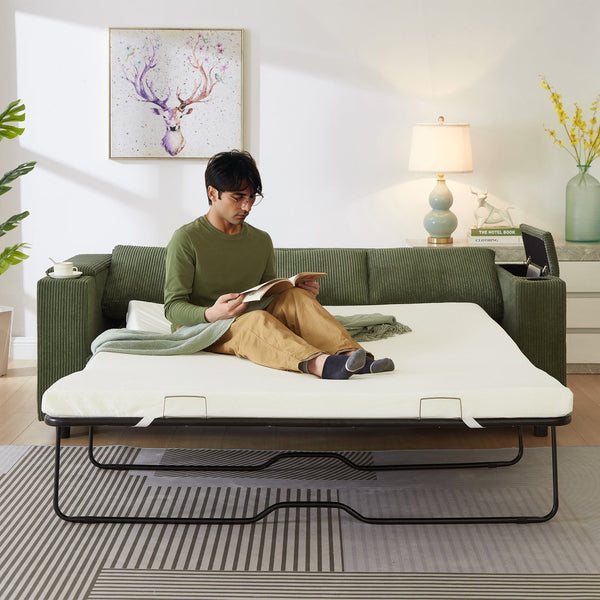 English Elm 81" Queen Sleeper Sofa with Pull Out Bed Storage Charging Ports and Cup Holders Green W3705S00042