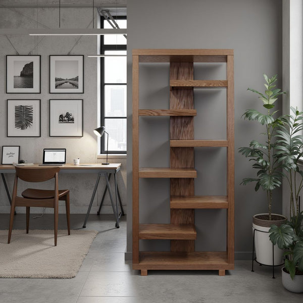 English Elm Laurel Canyon 80" Bookcase — Oak solids & veneers, six alternating shelves, rustic-modern display piece ready Brown B108P292286