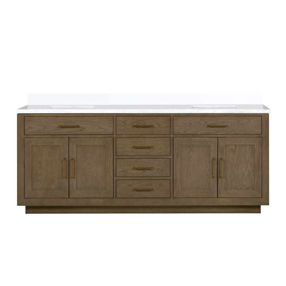 English Elm Grey Oak Double Bath Vanity With Cultured Marble Top - 84" W, Soft-Close Drawers, Stylish Storage Solutions B2731P257861