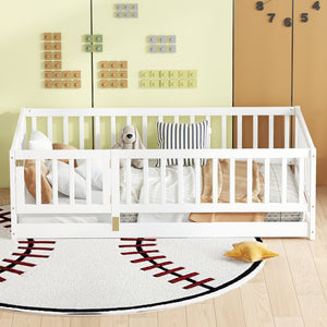 English Elm Twin Montessori Pine Floor Bed with Perimeter Fence Door and Slatted Base for Kids W1820P399071