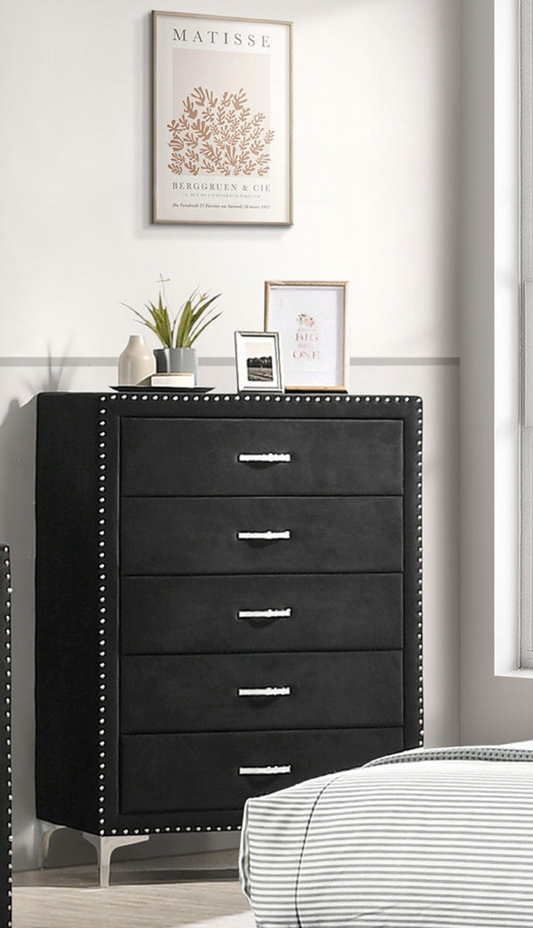 English Elm 1pc Glam Style Five-Drawer Chest 35.4"x20.1"x49.8" Tufted Fabric Nailhead Accent Modern Bedroom Storage B011P288733