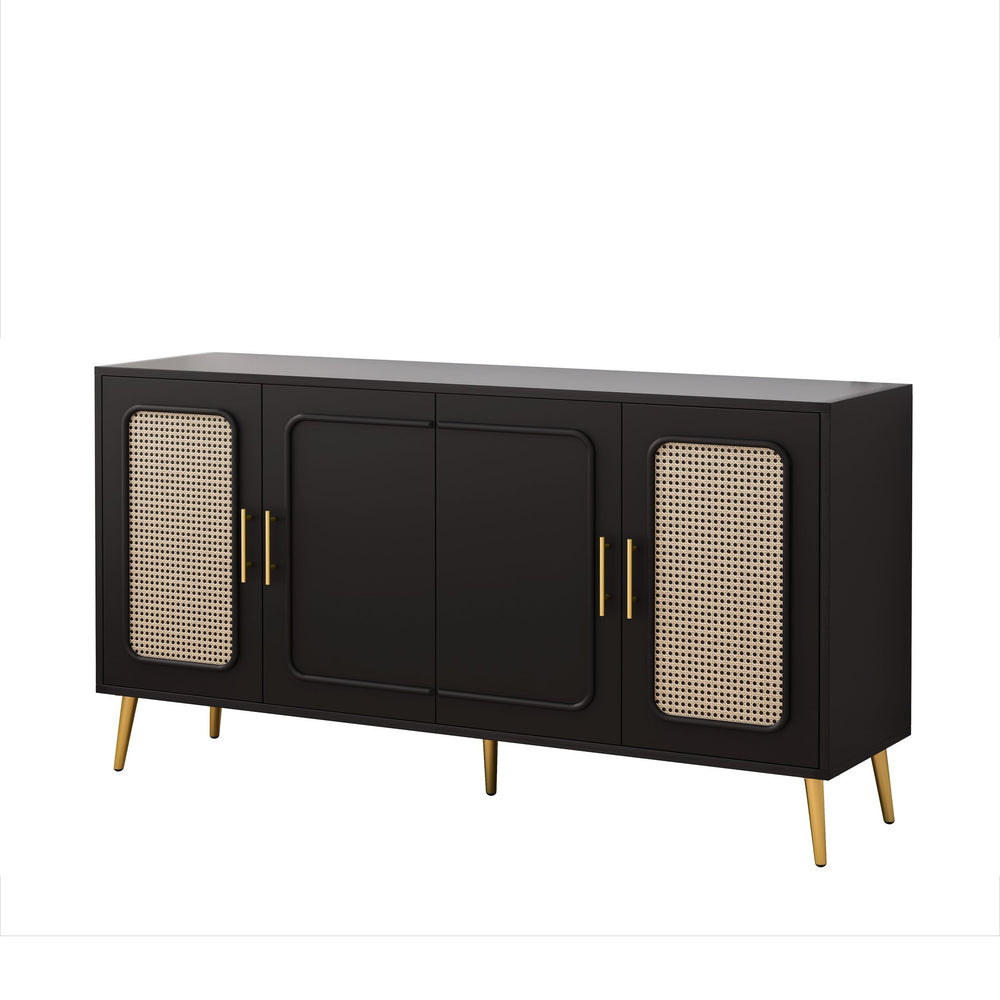 English Elm 59.84" Vintage Four-Door Cabinet with Plastic Rattan Panels, Black MDF Storage Console, Sturdy W757P203147