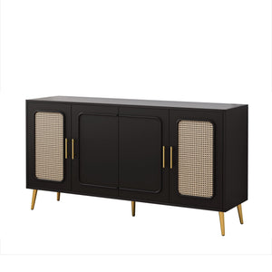 English Elm 59.84" Vintage Four-Door Cabinet with Plastic Rattan Panels, Black MDF Storage Console, Sturdy W757P203147
