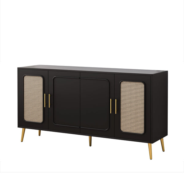 English Elm 59.84" Vintage Four-Door Cabinet with Plastic Rattan Panels, Black MDF Storage Console, Sturdy W757P203147