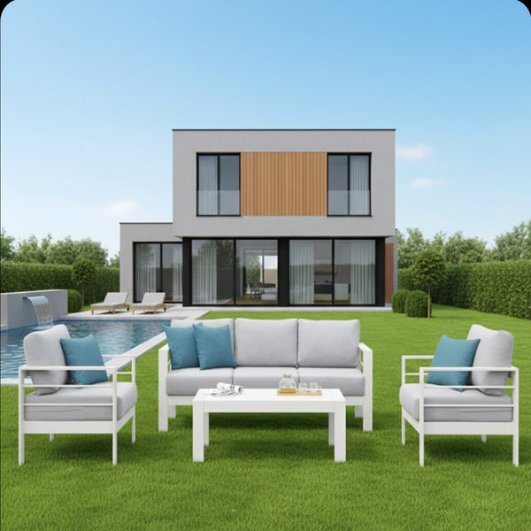 English Elm 5-piece Outdoor Aluminum Conversation Set Resort Style Patio Sofa with Wpc Coffee Table B082S00083