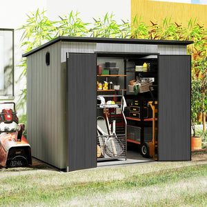 English Elm 6x8ft Outdoor Resin Storage Shed with Skylight Vented Gable Roof and Lockable Doors W1859S00173