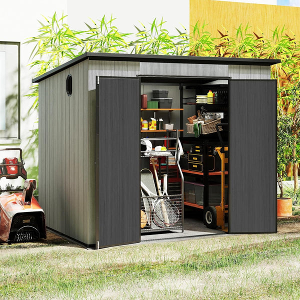 English Elm 6x8ft Outdoor Resin Storage Shed with Skylight Vented Gable Roof and Lockable Doors W1859S00173