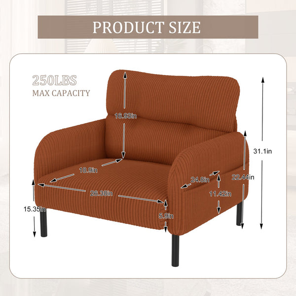 English Elm UNITED Corduroy Accent Chair with Ergonomic Curve, High-Density Foam Seat & Dual Side Pockets for Cozy Living Spaces Orange W1568P307259