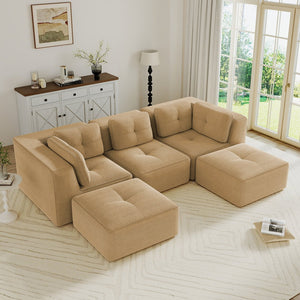 English Elm Modern Corduroy U-shaped Sectional with Tufted Cushions Deep Seat and Movable Ottomans Camel W714S01785