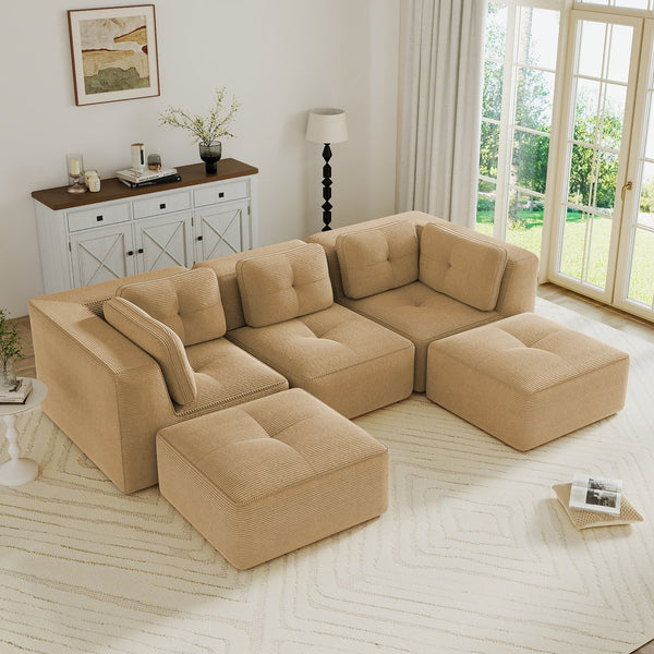 English Elm Modern Corduroy U-shaped Sectional with Tufted Cushions Deep Seat and Movable Ottomans Camel W714S01785