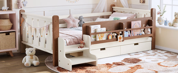 English Elm Twin Pine Floor Bed with Guardrails Built-in Bookcases and Stair Steps for Kids Beige W1580P430199