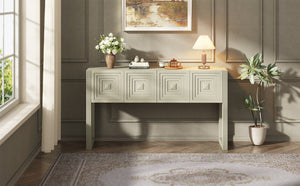 English Elm [video] Art Deco Console Table Geometric Carved Fronts Fluted Legs 3 Soft-close Drawers Natural N759P433572N