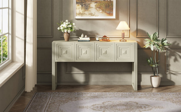 English Elm [video] Art Deco Console Table Geometric Carved Fronts Fluted Legs 3 Soft-close Drawers Natural N759P433572N
